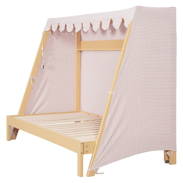 English Elm Twin Xl Pine House Bed with Plaid Tent Led Strip Shelf and Pull Out Trundle Natural LP000377AAL