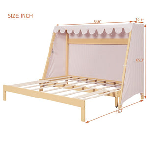 English Elm Twin Xl Pine House Bed with Plaid Tent Led Strip Shelf and Pull Out Trundle Natural LP000377AAL