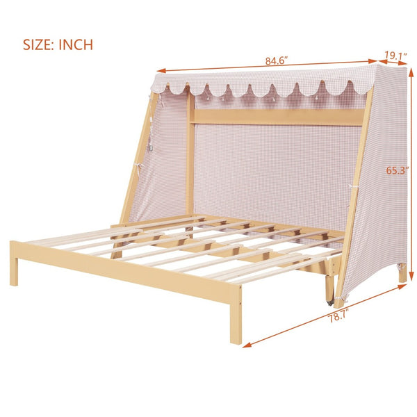 English Elm Twin Xl Pine House Bed with Plaid Tent Led Strip Shelf and Pull Out Trundle Natural LP000377AAL
