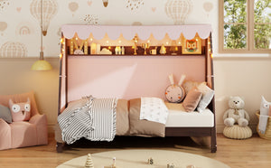 English Elm Twin Xl Pine House Bed with Plaid Tent Led Strip Shelf and Pull Out Trundle Espresso LP000377AAP