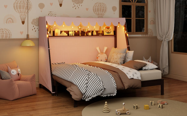English Elm Twin Xl Pine House Bed with Plaid Tent Led Strip Shelf and Pull Out Trundle Espresso LP000377AAP