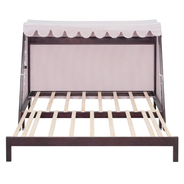 English Elm Twin Xl Pine House Bed with Plaid Tent Led Strip Shelf and Pull Out Trundle Espresso LP000377AAP