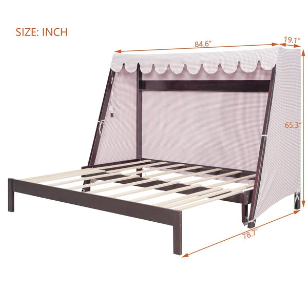 English Elm Twin Xl Pine House Bed with Plaid Tent Led Strip Shelf and Pull Out Trundle Espresso LP000377AAP