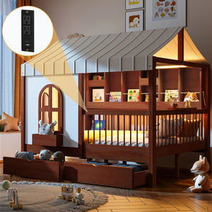 English Elm Full Size Kids House Bed with Storage Drawers Bookshelf Led Lighting Espresso LP000378AAP