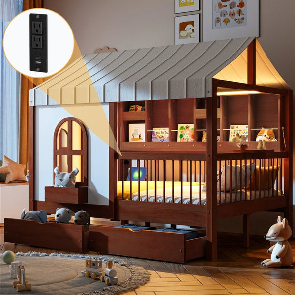 English Elm Full Size Kids House Bed with Storage Drawers Bookshelf Led Lighting Espresso LP000378AAP