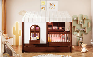 English Elm Full Size Kids House Bed with Storage Drawers Bookshelf Led Lighting Espresso LP000378AAP