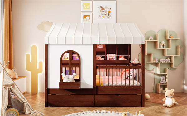 English Elm Full Size Kids House Bed with Storage Drawers Bookshelf Led Lighting Espresso LP000378AAP