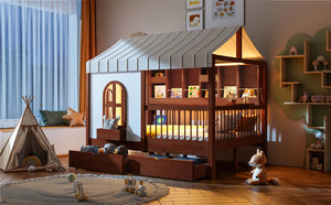 English Elm Full Size Kids House Bed with Storage Drawers Bookshelf Led Lighting Espresso LP000378AAP