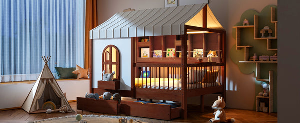 English Elm Full Size Kids House Bed with Storage Drawers Bookshelf Led Lighting Espresso LP000378AAP