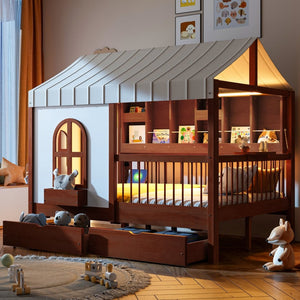 English Elm Full Size Kids House Bed with Storage Drawers Bookshelf Led Lighting Espresso LP000378AAP