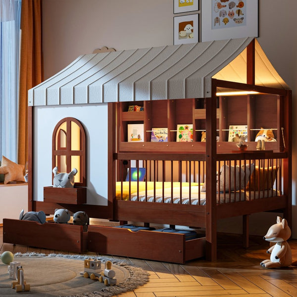 English Elm Full Size Kids House Bed with Storage Drawers Bookshelf Led Lighting Espresso LP000378AAP