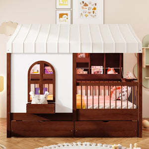 English Elm Full Size Kids House Bed with Storage Drawers Bookshelf Led Lighting Espresso LP000378AAP