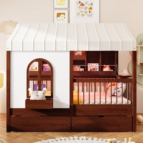 English Elm Full Size Kids House Bed with Storage Drawers Bookshelf Led Lighting Espresso LP000378AAP