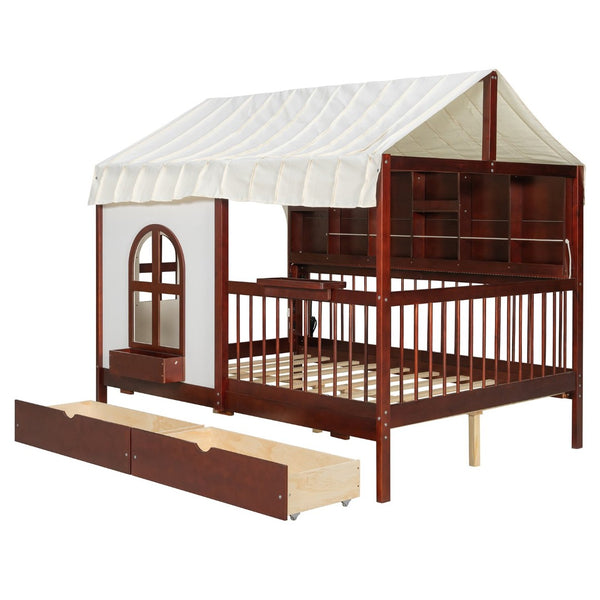 English Elm Full Size Kids House Bed with Storage Drawers Bookshelf Led Lighting Espresso LP000378AAP