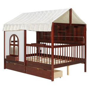 English Elm Full Size Kids House Bed with Storage Drawers Bookshelf Led Lighting Espresso LP000378AAP