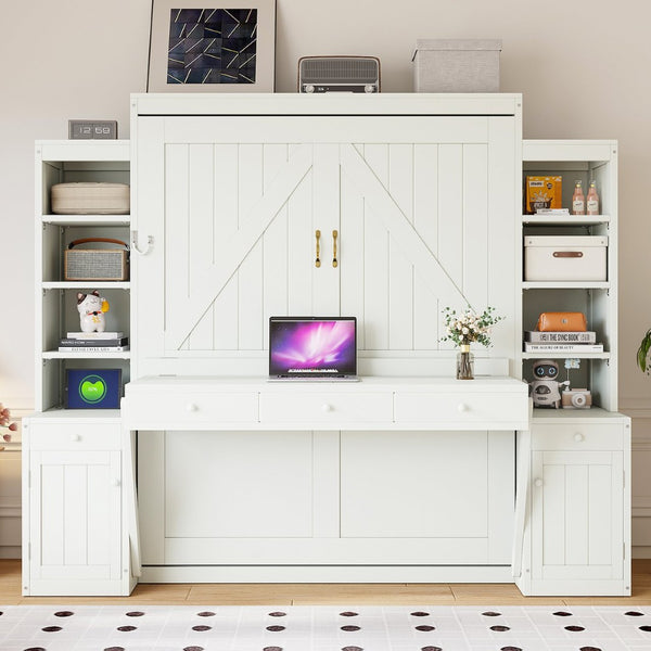English Elm Queen Murphy Bed with Fold Down Desk Open Shelving Wood Cabinet for Studio Rooms Antique White LP000379AAK-1