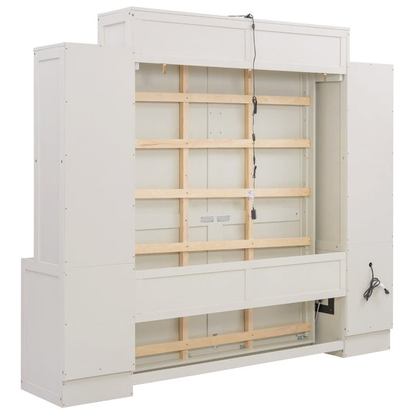 English Elm Queen Murphy Bed with Fold Down Desk Open Shelving Wood Cabinet for Studio Rooms Antique White LP000379AAK-1