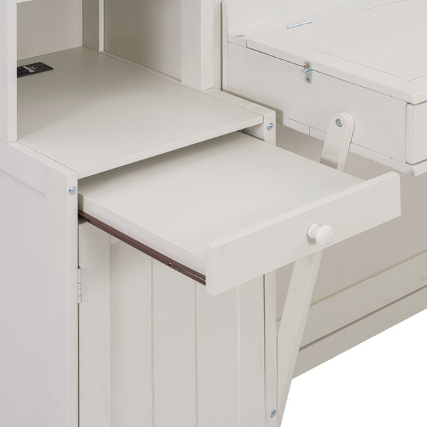 English Elm Queen Murphy Bed with Fold Down Desk Open Shelving Wood Cabinet for Studio Rooms Antique White LP000379AAK-1
