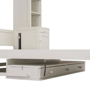 English Elm Queen Murphy Bed with Fold Down Desk Open Shelving Wood Cabinet for Studio Rooms Antique White LP000379AAK-1