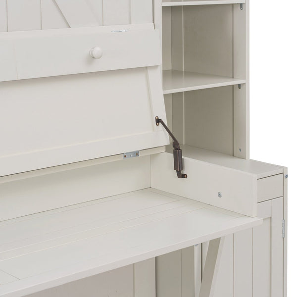 English Elm Queen Murphy Bed with Fold Down Desk Open Shelving Wood Cabinet for Studio Rooms Antique White LP000379AAK-1