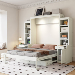 English Elm Queen Murphy Bed with Fold Down Desk Open Shelving Wood Cabinet for Studio Rooms Antique White LP000379AAK-1