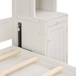 English Elm Queen Murphy Bed with Fold Down Desk Open Shelving Wood Cabinet for Studio Rooms Antique White LP000379AAK-1
