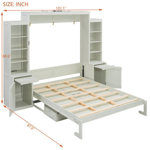 English Elm Queen Murphy Bed with Fold Down Desk Open Shelving Wood Cabinet for Studio Rooms Antique White LP000379AAK-1