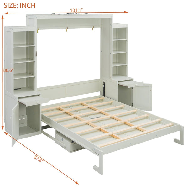 English Elm Queen Murphy Bed with Fold Down Desk Open Shelving Wood Cabinet for Studio Rooms Antique White LP000379AAK-1
