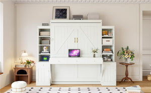 English Elm Queen Murphy Bed with Fold Down Desk Open Shelving Wood Cabinet for Studio Rooms Antique White LP000379AAK-1