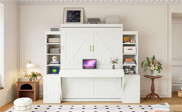 English Elm Queen Murphy Bed with Fold Down Desk Open Shelving Wood Cabinet for Studio Rooms Antique White LP000379AAK-1