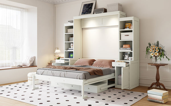 English Elm Queen Murphy Bed with Fold Down Desk Open Shelving Wood Cabinet for Studio Rooms Antique White LP000379AAK-1
