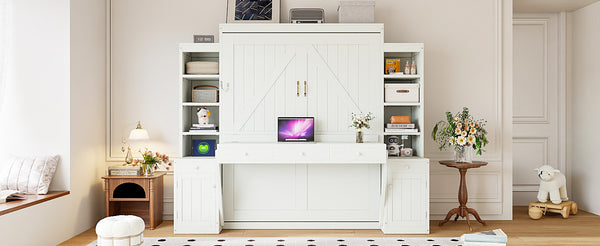 English Elm Queen Murphy Bed with Fold Down Desk Open Shelving Wood Cabinet for Studio Rooms Antique White LP000379AAK-1