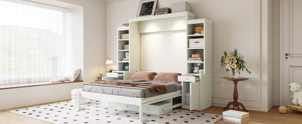 English Elm Queen Murphy Bed with Fold Down Desk Open Shelving Wood Cabinet for Studio Rooms Antique White LP000379AAK-1