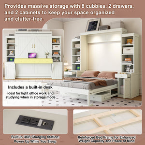 English Elm Queen Murphy Bed with Fold Down Desk Open Shelving Wood Cabinet for Studio Rooms Antique White LP000379AAK-1