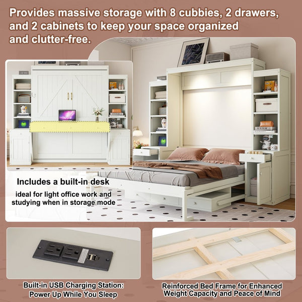 English Elm Queen Murphy Bed with Fold Down Desk Open Shelving Wood Cabinet for Studio Rooms Antique White LP000379AAK-1
