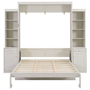 English Elm Queen Murphy Bed with Fold Down Desk Open Shelving Wood Cabinet for Studio Rooms Antique White LP000379AAK-1