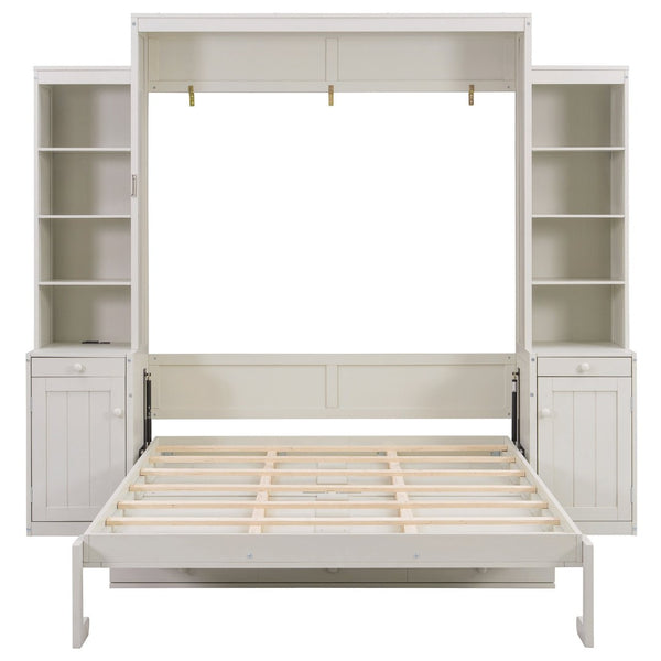 English Elm Queen Murphy Bed with Fold Down Desk Open Shelving Wood Cabinet for Studio Rooms Antique White LP000379AAK-1