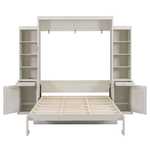 English Elm Queen Murphy Bed with Fold Down Desk Open Shelving Wood Cabinet for Studio Rooms Antique White LP000379AAK-1