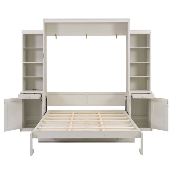 English Elm Queen Murphy Bed with Fold Down Desk Open Shelving Wood Cabinet for Studio Rooms Antique White LP000379AAK-1