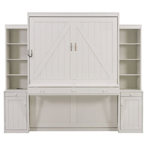 English Elm Queen Murphy Bed with Fold Down Desk Open Shelving Wood Cabinet for Studio Rooms Antique White LP000379AAK-1