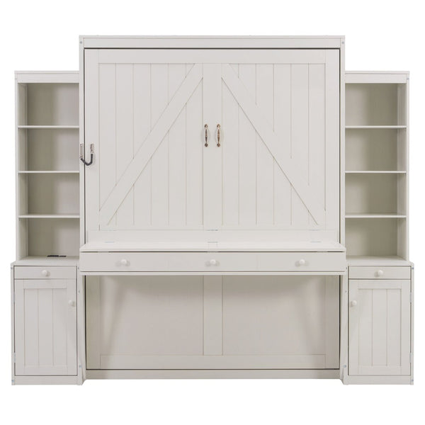 English Elm Queen Murphy Bed with Fold Down Desk Open Shelving Wood Cabinet for Studio Rooms Antique White LP000379AAK-1