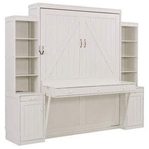 English Elm Queen Murphy Bed with Fold Down Desk Open Shelving Wood Cabinet for Studio Rooms Antique White LP000379AAK-1