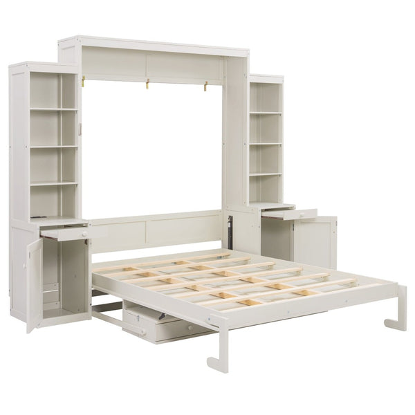 English Elm Queen Murphy Bed with Fold Down Desk Open Shelving Wood Cabinet for Studio Rooms Antique White LP000379AAK-1