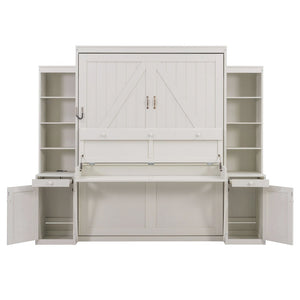 English Elm Queen Murphy Bed with Fold Down Desk Open Shelving Wood Cabinet for Studio Rooms Antique White LP000379AAK-1
