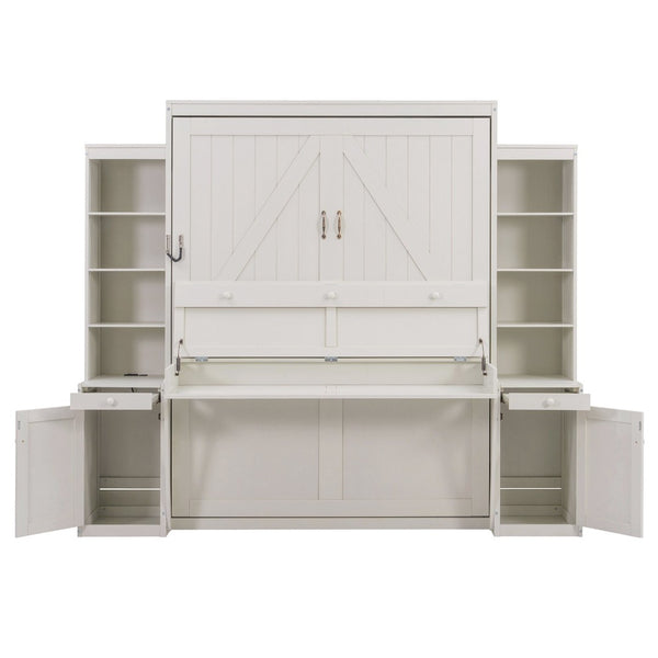 English Elm Queen Murphy Bed with Fold Down Desk Open Shelving Wood Cabinet for Studio Rooms Antique White LP000379AAK-1