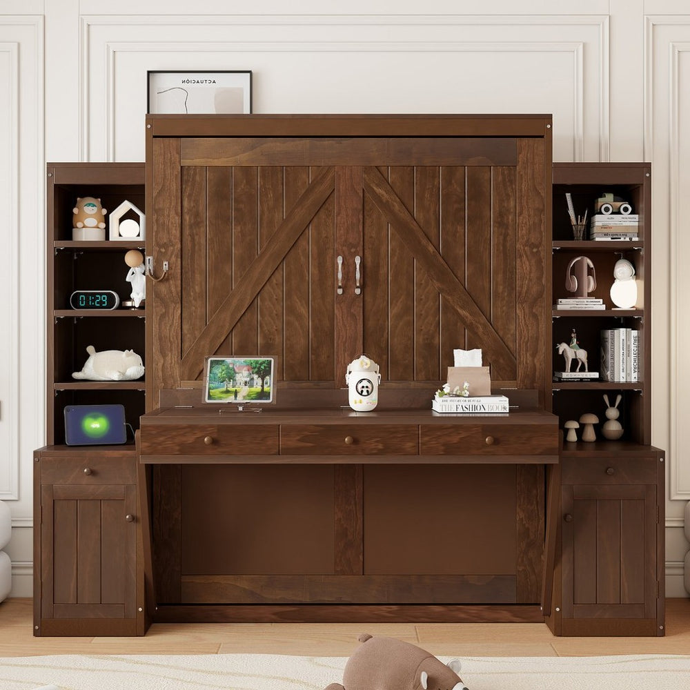 English Elm Queen Murphy Bed with Fold Down Desk Open Shelving Wood Cabinet for Studio Rooms Dark Brown LP000379AAP-1