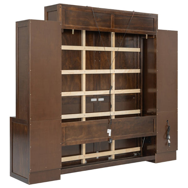 English Elm Queen Murphy Bed with Fold Down Desk Open Shelving Wood Cabinet for Studio Rooms Dark Brown LP000379AAP-1