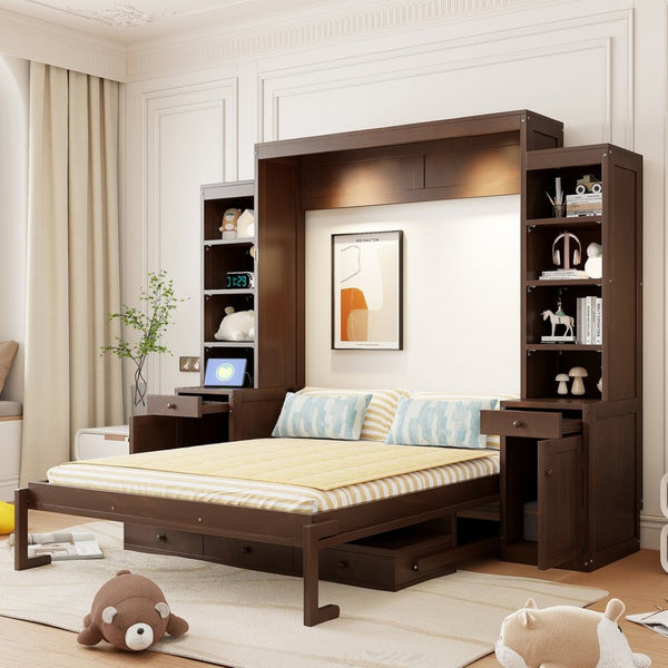 English Elm Queen Murphy Bed with Fold Down Desk Open Shelving Wood Cabinet for Studio Rooms Dark Brown LP000379AAP-1