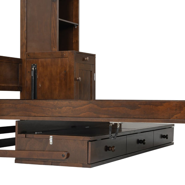 English Elm Queen Murphy Bed with Fold Down Desk Open Shelving Wood Cabinet for Studio Rooms Dark Brown LP000379AAP-1