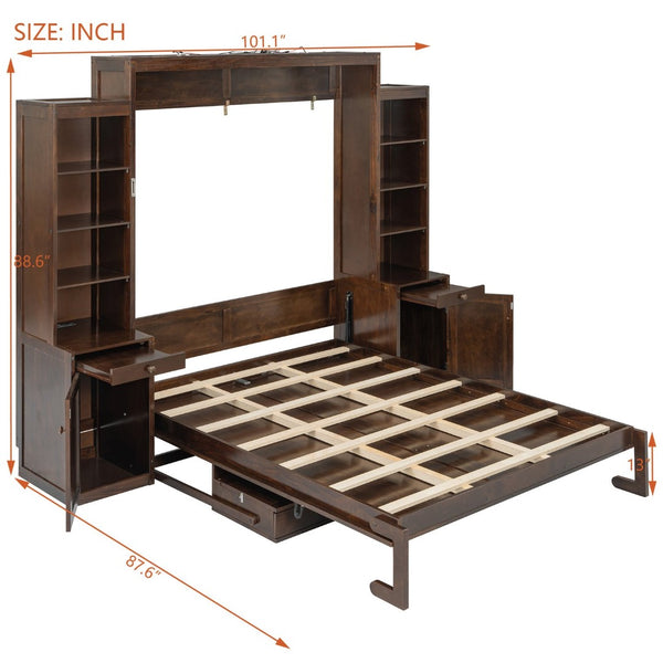 English Elm Queen Murphy Bed with Fold Down Desk Open Shelving Wood Cabinet for Studio Rooms Dark Brown LP000379AAP-1